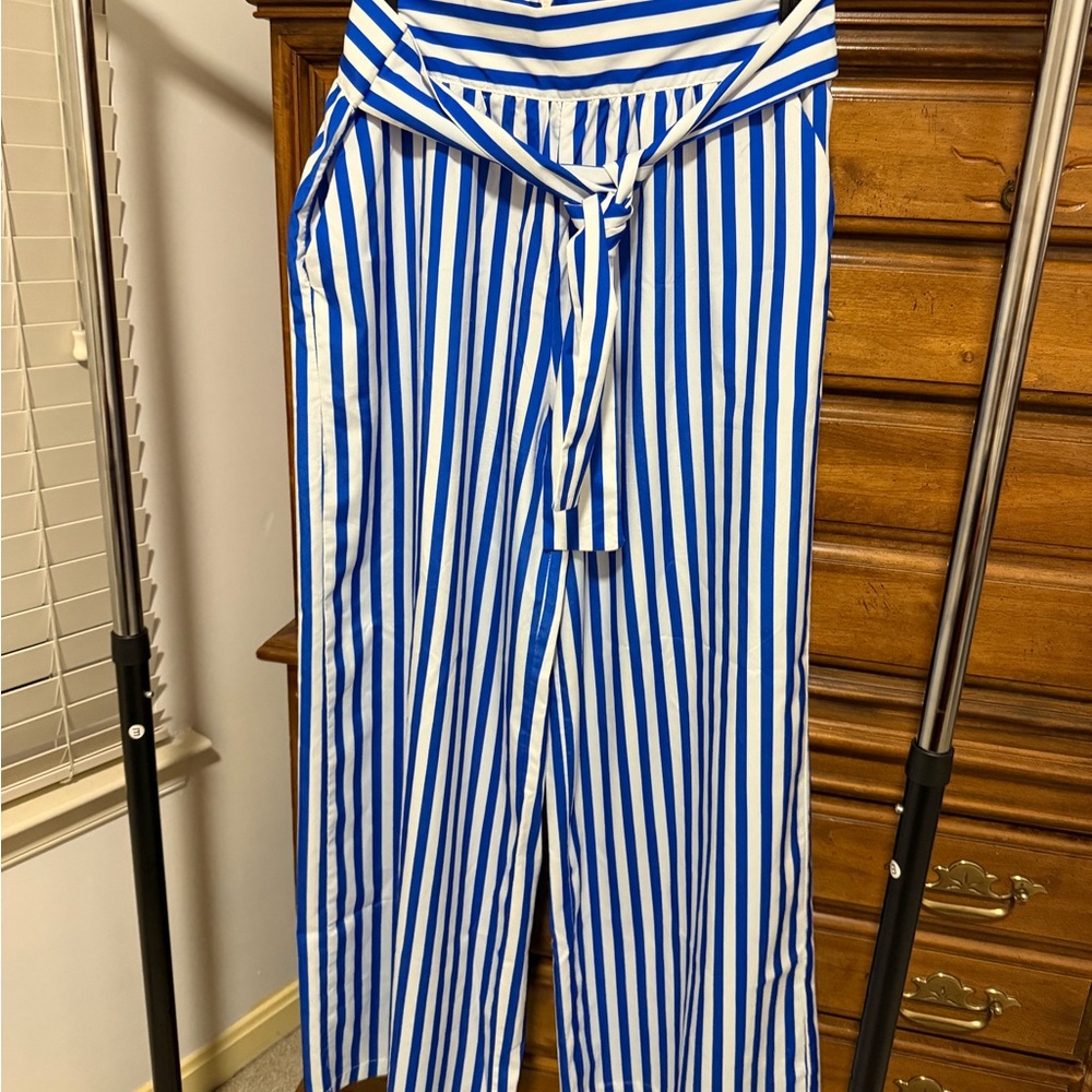 Amazon Women's Blue and White Striped Wide Leg Pants